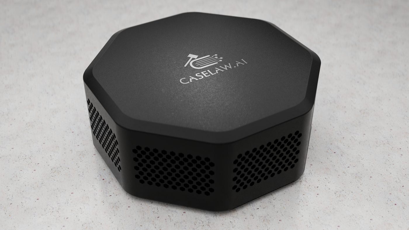 Discovery Brief, a matte black desktop device with the Caselaw.ai mark